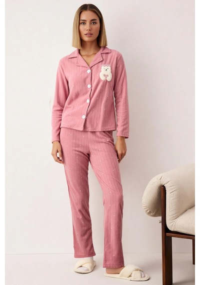 Benerly Kadın Gömlek Yaka Standart Kol Regular Kalıp Polar Pijama Takımı Gül kurusu