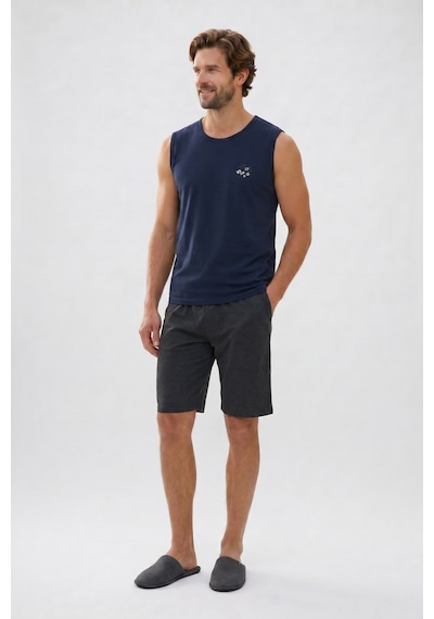 Tudors Erkek Standart Fit Normal Kesim Kısa Kollu Pamuklu Baskılı Lacivert Siyah Pijama Takımı-51144