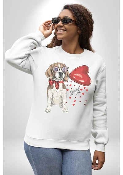 Poodle Ve Beagle Sevililer Günü Hediyesi Unisex Beyaz Baskılı Sweatshirt Beyaz