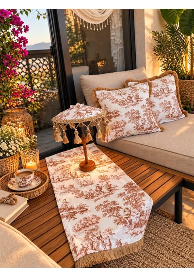 Missidea French Toile Elegance Desenli Dekoratif Masa Üstü Lambası Bali Şemsiyesi Seti Şemsiye + Runner + 2 Li Kırlent Kılıfı Kahverengi