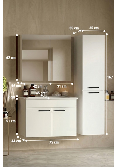 Petunya 75+167 Cm Beyaz Mdf Seramik Lavabolu Asma Banyo Dolabı Takımı