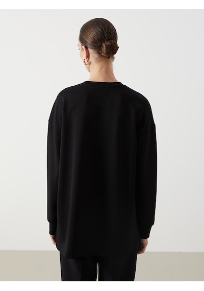 Lcwaıkıkı Classic Siyah Bisiklet Yaka Boncuk İşlemeli Kadın Sweatshirt Tunik