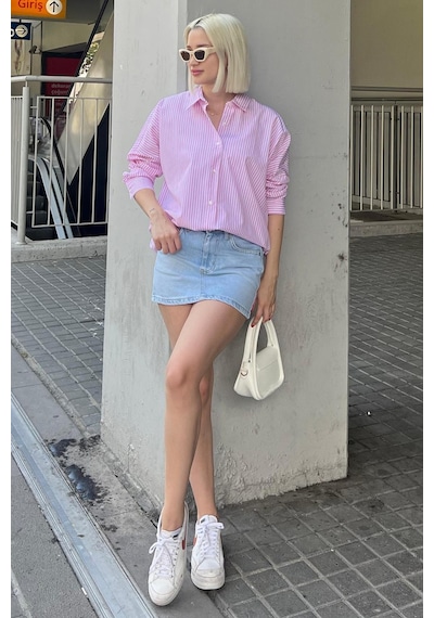 Madmext Pembe Çizgili Over Fit Gömlek Mg1525 Pembe