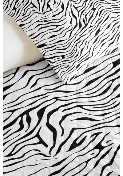 Zebra Siyah Genç Odası Tek Kişilik Dekoratif Pike Takımı - Bohem 160x220 Cm Kapitone Yatak Örtüsü Mistik Yün Rüyası
