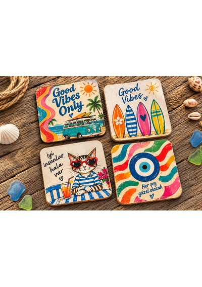 Yılbaşı Temalı Ahşap Hediyelik Bardak Altlığı Set 4 Lü Çok Renkli