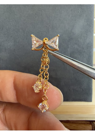 %100 316 L Cerrahi Çelik Papyon Sallantılı Tek Taş Zincirli Çelik Göbek Piercingi Altın