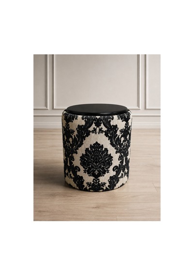 Premium Dokuma Kumaş Puf Sehpa 40x46 Cm Modern Yuvarlak Oturma Pufu Dekoratif Krem Siyah - 878843025 Krem Siyah