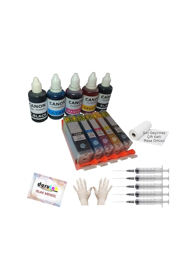 Canon Pgı-525 Clı-526 Uyumlu Kolay Dolan Kartuş+5x50ml Mürekkep 5 Renk Dolu