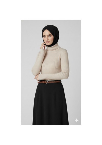 Sonbaharmoda Kadın Boğazlı Likralı Triko Badi Parmak Geçmeli Kol, Tek Beden,100% Akrilik Bej