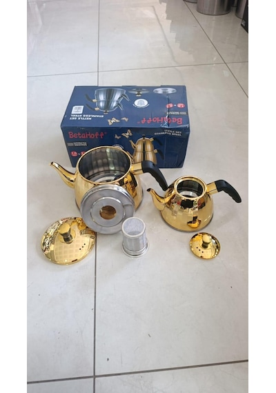 Gold Sarı Çaydanlık Seti 1.0 + 2.5 Litre Betahoff Paslanmaz Çelik İndüksiyon Uyumlu Kapsül Tabanlı Çaydanlık Takımı