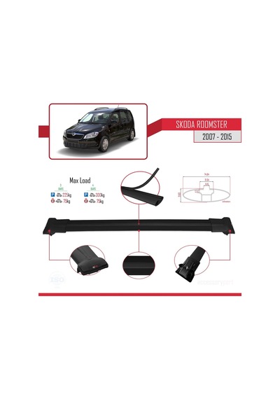 Skoda Roomster 2007-2015 Arası İle Uyumlu Fly Model Ara Atkı Tavan Barı Siyah 3 Adet Bar