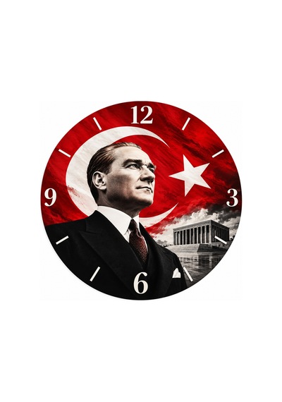 Atatürk Temalı 45 Cm Ahşap Sessiz Akar Mekanizmalı Uv Baskılı Dekoratif Duvar Saati Hediyelik 1098 Çok Renkli