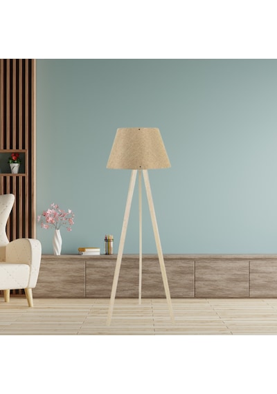 Pratik Tripod Ahşap Lambader Kum Beji Konik Kumaş Başlık Salon Otel Yatak Odası Cafe Köşe Lambası Kum Beji