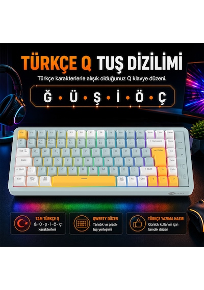 Lecoo GK805 Bluetooth 5.0 / 2.4 GHz / USB 3 Modlu RGB 85 Tuş Gasket Membran Türkçe Q Oyuncu Klavyesi