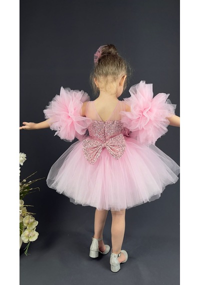 Mnk Baby & Kids Şifon Robalı Ponpon Kol Pul Payetli Kız Çocuk Kabarık Etek Tütülü Abiye Pembe