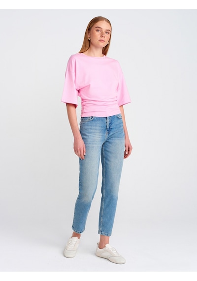 Dilvin 71779 Lazer Yıkama Likralı Denim Mom Pantolon Mavi