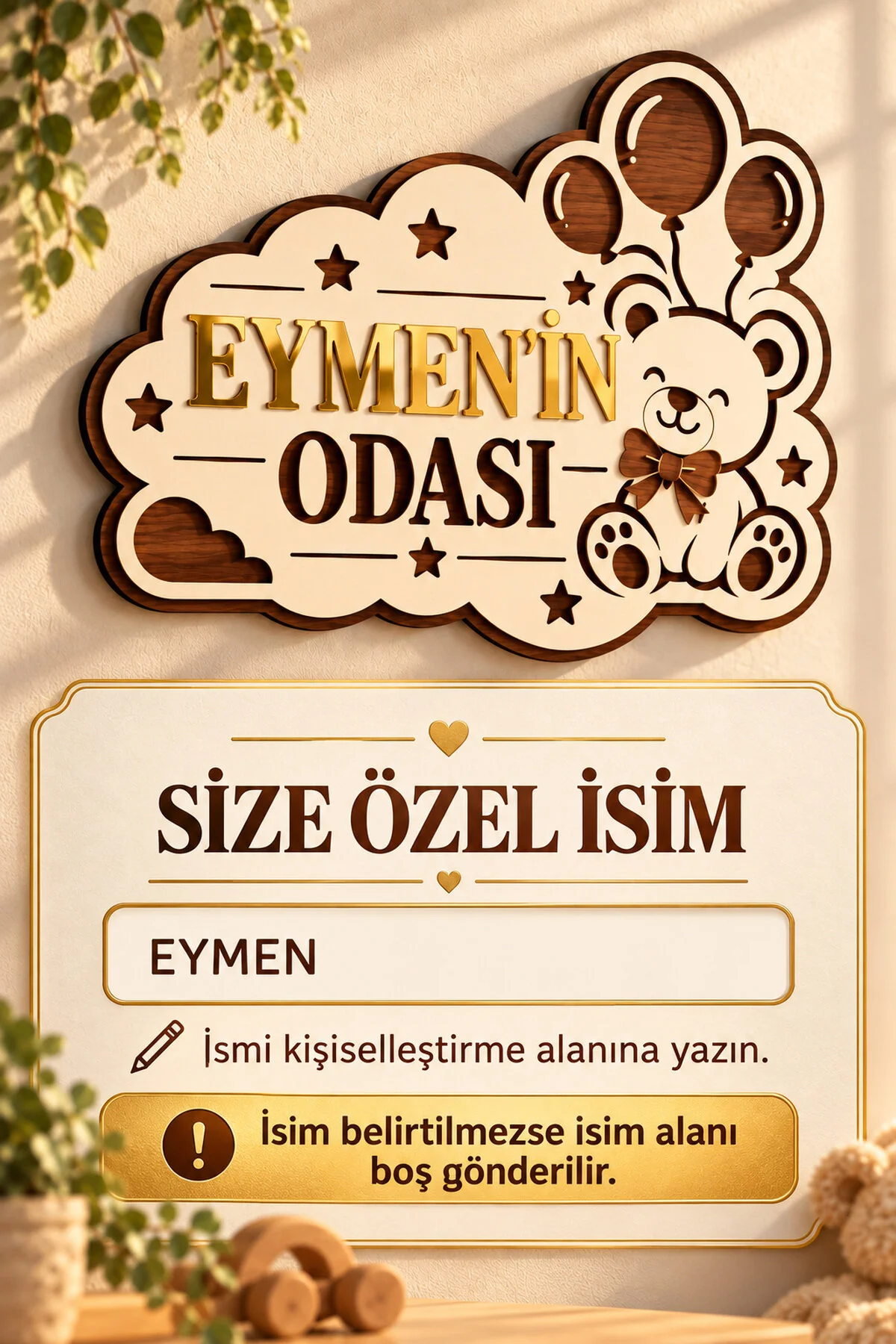 Kişiye Özel Ayıcıklı Balonlu Bebek Ve Çocuk Odası İsimliği Gold Pleksi Mdf Kapı Ve Duvar Süsü