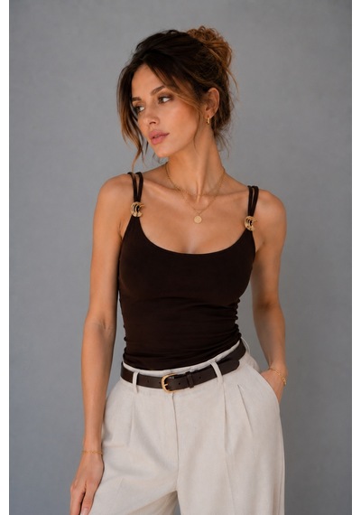 Wild Bee Kadın Kahverengi Aksesuar Detaylı İp Askılı Slim Fit Bluz