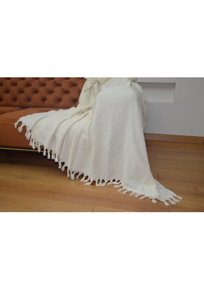 Krem Koltuk Örtüsü Balıksırtı Desenli Ekru 180 X 210 Cm Çift Yönl
