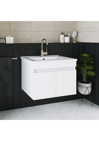 Banos Ld3 Ayaksız 2 Kapaklı Lavabolu Beyaz 65 Cm Banyo Dolabı Beyaz