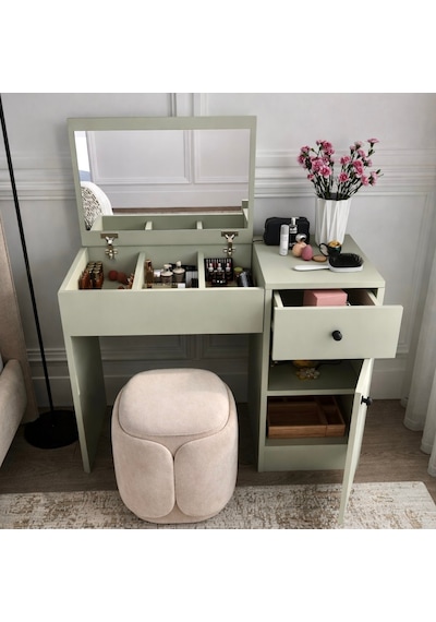 Liva Aynalı Makyaj Masası Çekmeceli Ve Dolaplı - Soft Yeşil