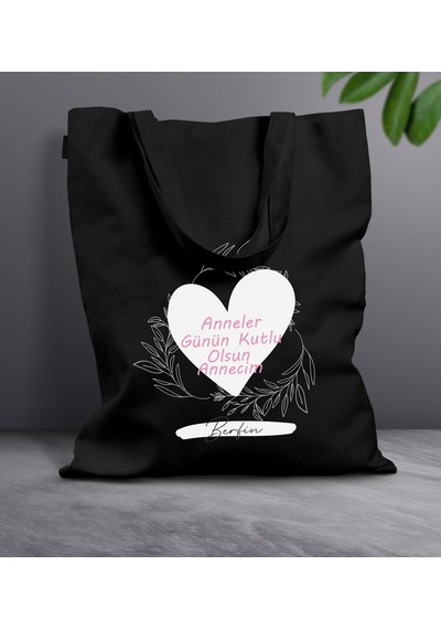 Bk Gift Kişiye Özel İsimli Anneler Günü Tasarımlı Siyah Kumaş Bez Çanta, Baskılı Omuz Çantası, Alışveriş Çantası, Anneler Günü Hediyesi, Anneye Hediye-2