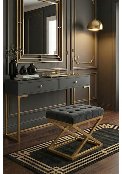 Nexus Babyface Kapitoneli Puf - Gold Metal X Ayaklı Modern Bench 50x40 Cm Antrasit