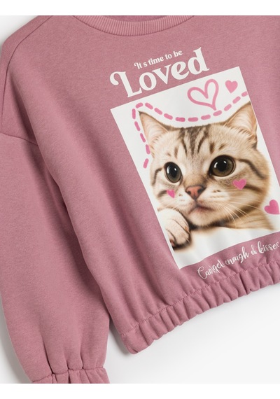 Koton Sweatshirt Bisiklet Yaka Kedi Baskılı Uzun Kollu Lila 5wkg10516ak Lila