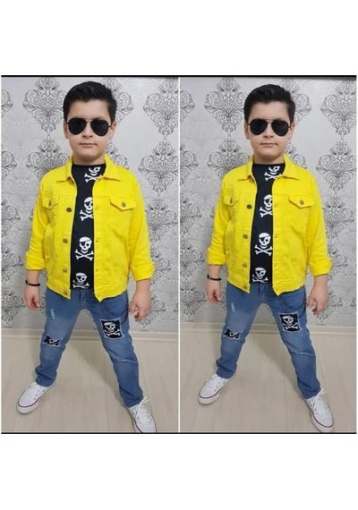 MODAVALS GABARDİN CEKETLİ KURU KAFA TASARIMLI ERKEK ÇOCUK KOT KOMBİN - SARI