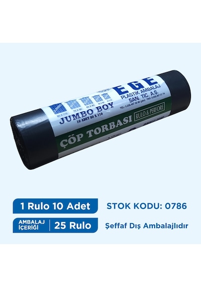 Egeplast Çöp Torbası Jumbo Boy Siyah 80X110 Koli 25 Rulo