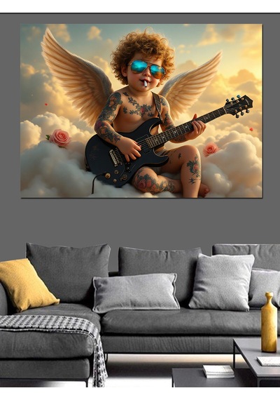 Melek Kanatlı Gitarist Çocuk Dekoratif Kanvas - Mdf Ahşap Tablo