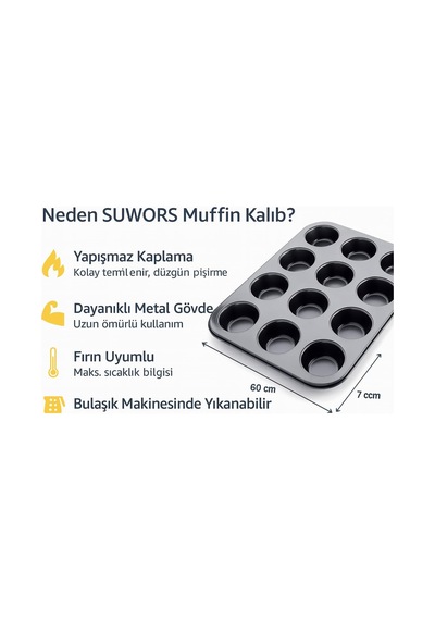 12 Gözlü Metal Muffin Kalıbı Yapışmaz Kaplama, Fırın Uyumlu, Dayanıklı Siyah Muffin Ve Cupcak