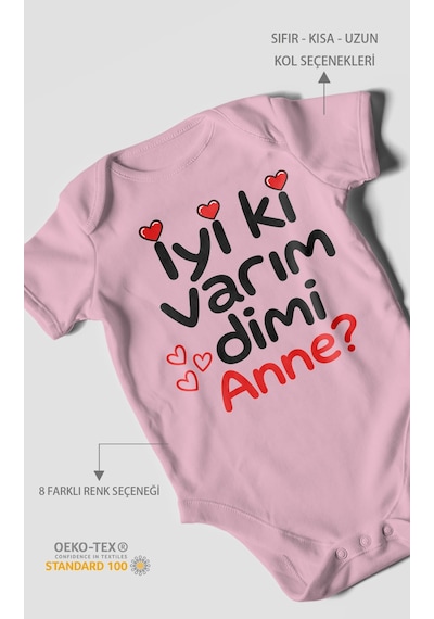 Morivokids İyi Ki Varım Dimi Anne Kısa Kollu Bebek Body %100 Pamuk Koyu Pembe