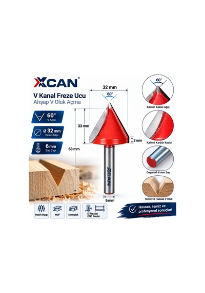 32 Mm 60 V Kanal Freze Ucu 6 Mm Sap Ahşap V Oluk Açma Frezesi