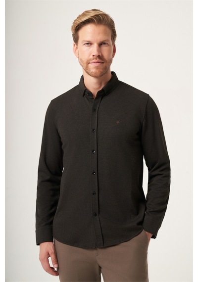 İmza Kahverengi Düğmeli Yaka Dokulu Örme Slim Fit Esnek Gömlek 1004265171