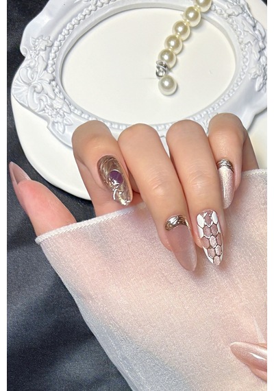 Kedi Gözü Tırnak 10 Adet Badem Takma Tırnak Seti Medium Beden Yapıştırıcılı T136
