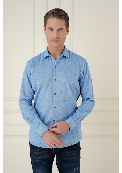 Efor Slim Fit Dokulu %100 Pamuk Mavi Gömlek G 1584 Mavi