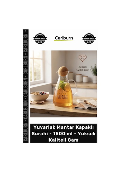 Sürahi Şık Modern Tasarım Sunum Yuvarlak Mantar Kapaklı Sürahi 1500 Ml Yüksek Kaliteli Cam