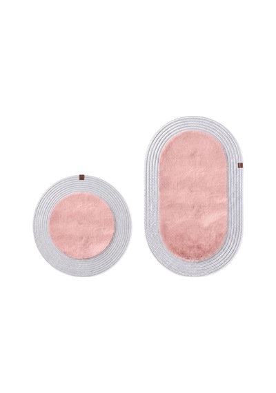 Banyo Paspası Takımı 60x100+60x60 Cm Düz Pembe & Gümüş