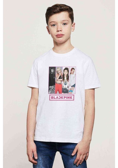 Tshirthane Kpop Blackpink Black Pink Collage Baskılı Unisex Çocuk Beyaz T-S