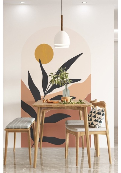 Kendiliğinden Yapışkanlı Kumaş Kanvas Dokulu Duvar Kağıdı Boho Bohem Tarz Dağ Güneş Ve Yaprak Duvar Renkli