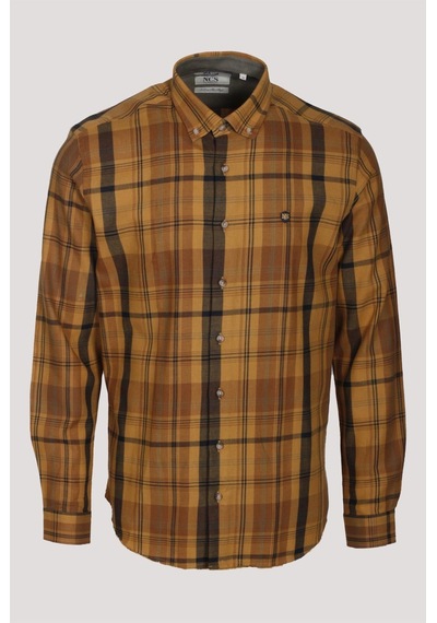 Erkek Gömlek Camel Uzun Kol Ekose Kareli Flanel Yün Tuşeli Slim Fit Düğmeli Yaka Shirt Ncs Jeans 7273-camel Camel
