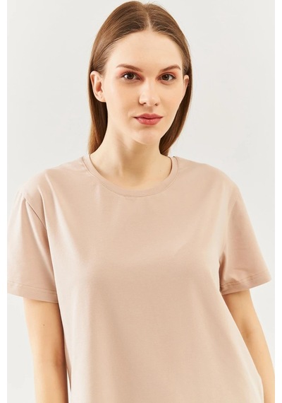 Kadın Rahat %100 Pamuklu Penye Bisiklet Yaka Kısa Kol Basic T-shirt Sütlü Kahve