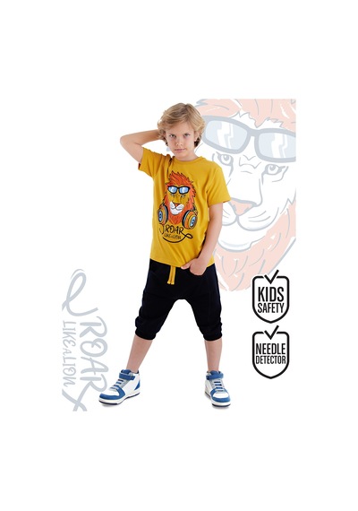 Aslan Sarı Erkek Çocuk Cep Detaylı Yazlık T-shirt Kapri Şort Takım