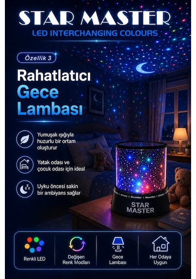 Çocuk Odası İçin Renkli Yıldız Yansımalı Led Gece Lambası Dekoratif Projektör Çok Renkli