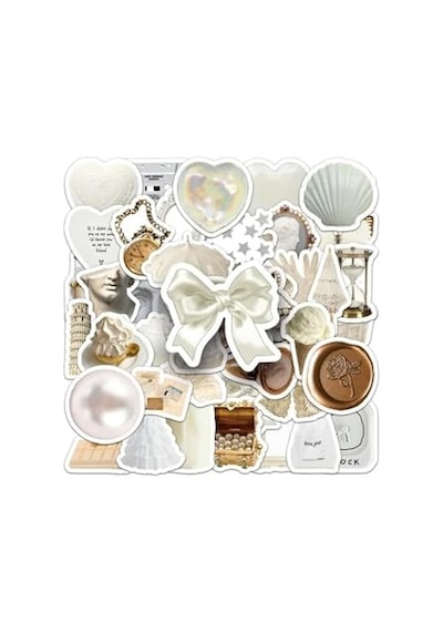 50'li White Aesthetic Temalı Sticker Etiket Seti - Beyaz Sticker - Laptop Notebook Telefon Abanoz