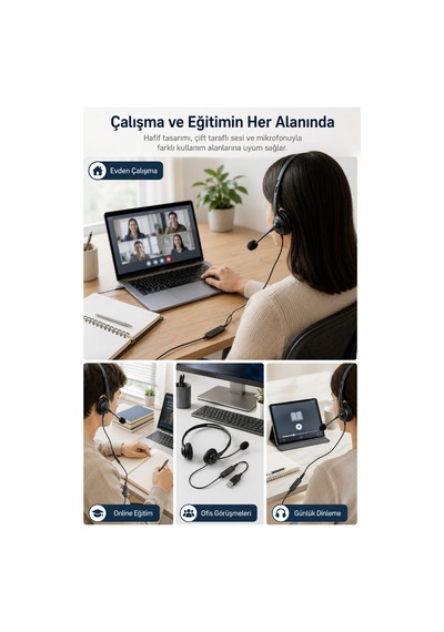 Mikrofonlu Kablolu Bilgisayar Kulaklığı 3,5 Mm Jack Ve Çıkarılabilir Usb Adaptörlü, Çift Kulaklı, Ayarlanabilir Ofis Ve Eğitim Kulaklığı Siyah