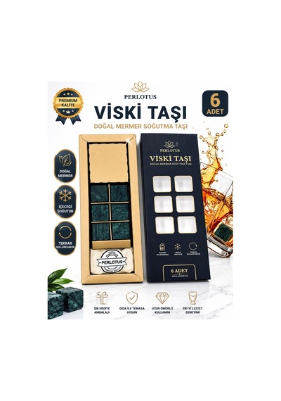 Perlotus Mermer Viski Taşı Seti 6 Adet Soğutma Keseli Sertifikalı Mermer Buz Küpleri Hediyelik Özel Kutusunda Yeşil