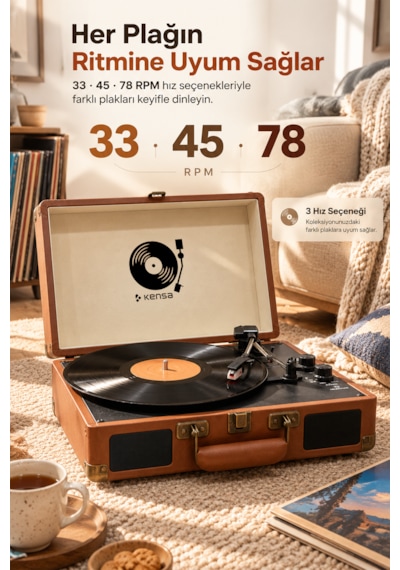 Kensa Bluetooth Lu Nostaljik Çantalı Pikap 33/45/78 Devir Dahili Bataryalı Plak Çalar Ahşap Kahverengi