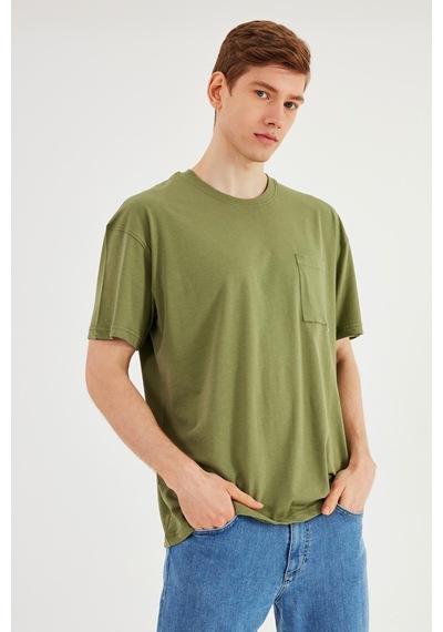 Leo Erkek Oversize Tshirt %100 Pamuk Cep Detaylı Bisiklet Yaka Basic Tişört Mtlce75 Haki